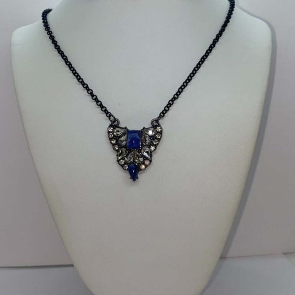 Black-Tone Blue Clear Rhinestone Necklace